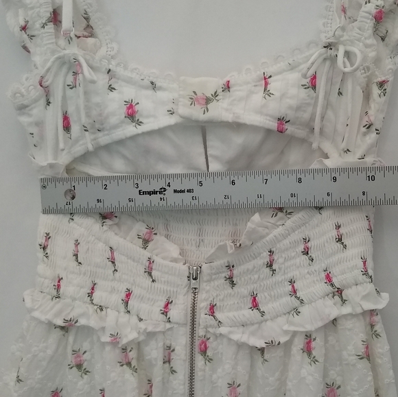 For Love And Lemons White With Delicate Pink Roses Smocked Mini Dress Sz XS - Picture 10 of 11
